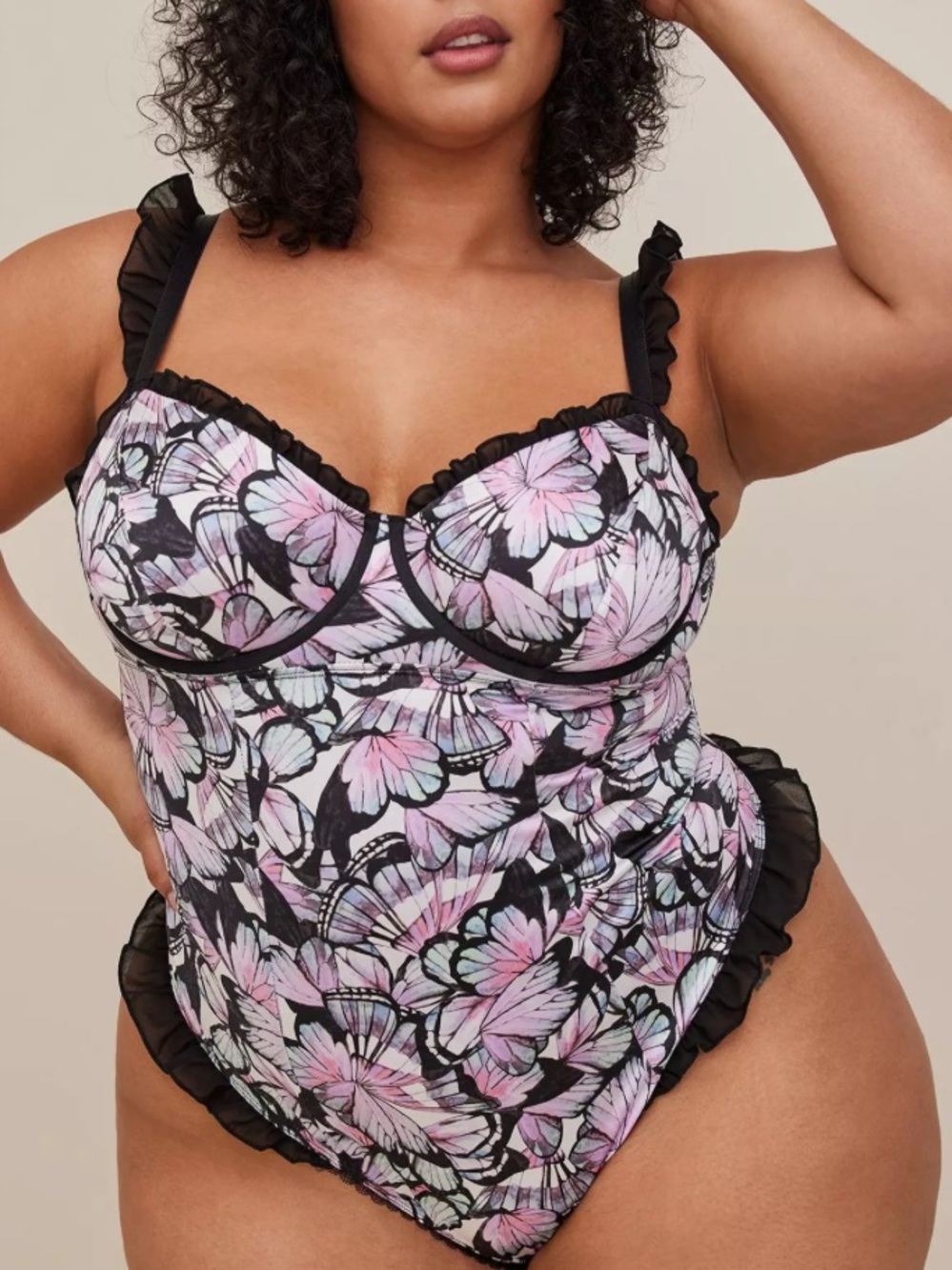 Torrid curve size 4 new butterfly bodysuit ruffle bow purple black lingerie